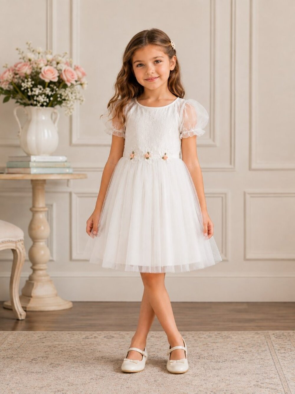 Laura Ashley London White Layered Tulle Short Puff Sleeve Dress Girls Size 6
